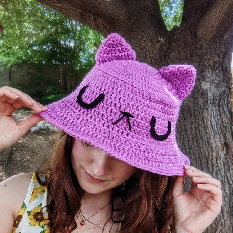 PURPLE CAT Handmade Crochet Bucket Hat